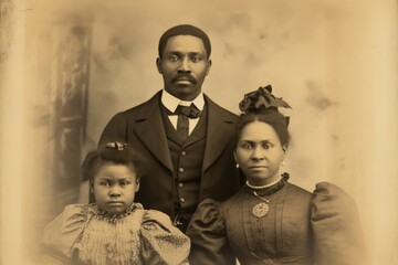 Vintage retro family portrait of an African American man posing with his wife and daughter - obrazy, fototapety, plakaty