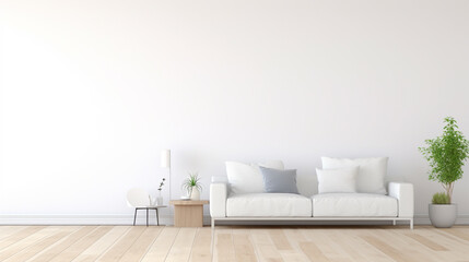White Living Room Interior with Wooden Floor and Copy Space on Wall for Mock Up. generative ai