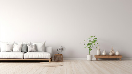 White Living Room Interior with Wooden Floor and Copy Space on Wall for Mock Up. generative ai