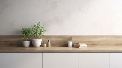 Wooden cupboards and white worktop. Interior of modern kitchen with white and concrete generative ai