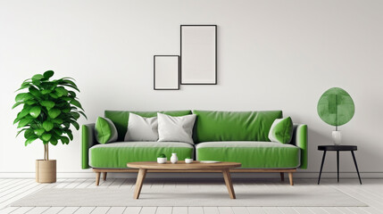 Wooden table in front of green sofa in white spacious flat interior with plants, rug. generative ai