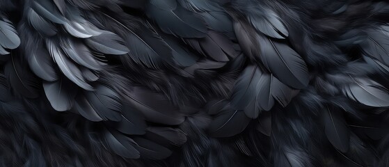 The texture of feathers, black matte , soft light ,different degree color of black ,background  - obrazy, fototapety, plakaty