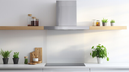 Silver cooker hood in minimal white kitchen interior with plant on wooden counter top. generative ai