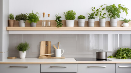 Fototapeta na wymiar stylish light gray kitchen interior with modern cabinets stainless steel appliances generative ai