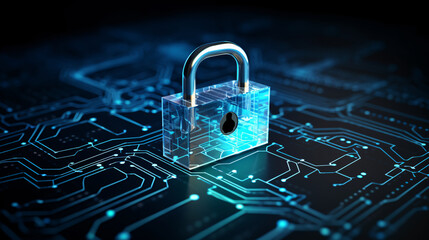 Cybersecurity technology: Digital padlock guarding computing systems against fraud and protecting privacy data in a dark blue backdrop - obrazy, fototapety, plakaty
