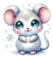 Cute Christmas mouse in winter decoration, watercolor, blue and white, perfect for holiday cards