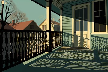 shadows of porch railing patterns on the farmhouse walls, magazine style illustration