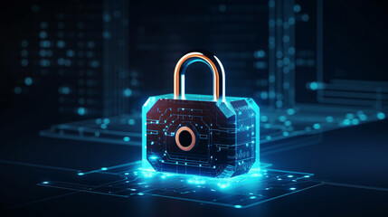 Cybersecurity technology: Digital padlock guarding computing systems against fraud and protecting privacy data in a dark blue backdrop