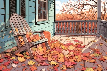 colorful fall leaves scattered on farmhouse porch, magazine style illustration