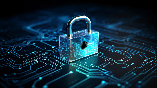 Cybersecurity technology: Digital padlock guarding computing systems against fraud and protecting privacy data in a dark blue backdrop