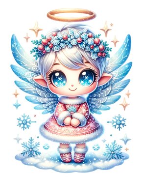 Christmas angel in winter decoration, watercolor, blue and white, great for holiday cards and decorations
