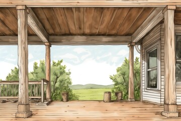detail of wooden pillars supporting farmhouse porch roof, magazine style illustration