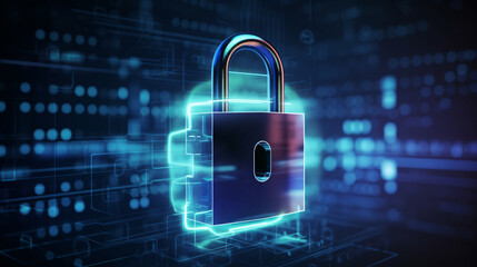 Cybersecurity technology: Digital padlock guarding computing systems against fraud and protecting privacy data in a dark blue backdrop