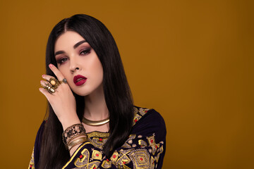 Photo of stunning gorgeous luxurious arabian lady touch flirt rich wealthy sultan over pastel...