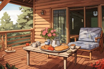 log cabin with a breakfast tray on the porch, magazine style illustration