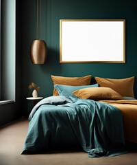 A blank white horizontal poster in a gold frame hangs on a dark green wall above a bed with mustard pillows, a green blanket, and a golden pendant lamp above a bedside table by the window.
