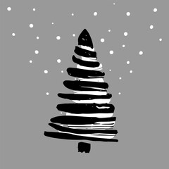 Christmas grunge tree in black ink strokes like doodles on gray background with falling snow. For design of stylish New Year corporate card. Like childs drawing at school
