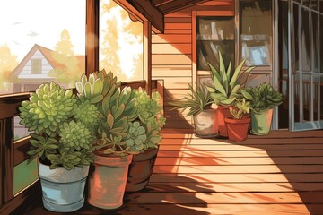 Fototapeta na wymiar potted succulents on cabins sunlit porch, magazine style illustration