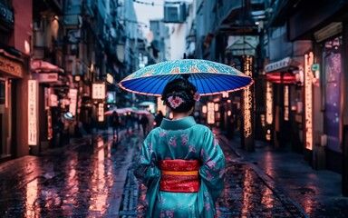In Kyoto's rain, a geisha gracefully moves with an umbrella, embodying elegance