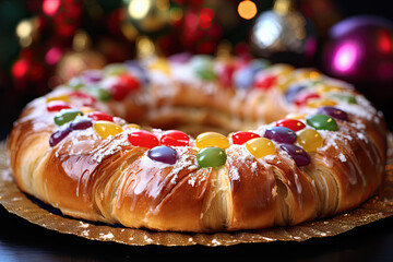 típico dulce español roscón de reyes navideño sobre mesa decorada y fondo desenfocado de árbol de navidad - obrazy, fototapety, plakaty