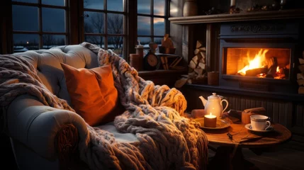 Foto op Plexiglas A mug of hot tea in a cozy living room with a fireplace. Cozy winter day © David