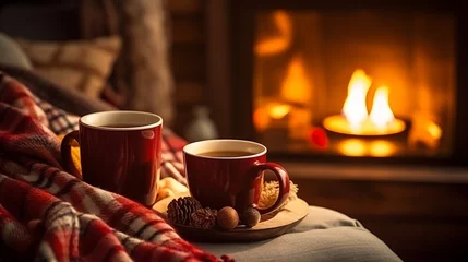 Keuken spatwand met foto A mug of hot tea in a cozy living room with a fireplace. Cozy winter day © David