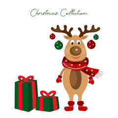 Christmas deer with santa scarf, hat, gifts, and Christmas balls on the horns 