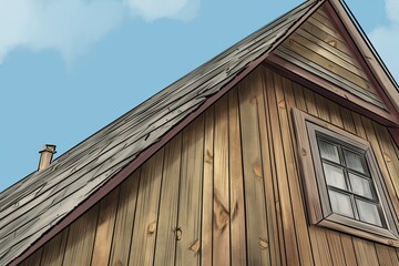 Fototapeta na wymiar closeup of wooden cladding on a saltbox house, seen from below, magazine style illustration
