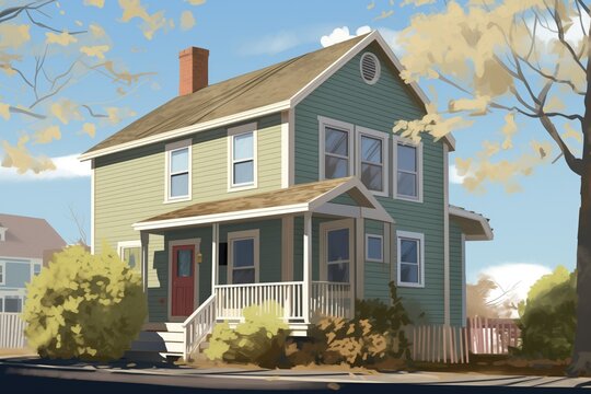 full frontal view of traditional saltbox home in daytime, magazine style illustration