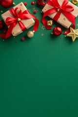Holiday joy in the making. Vertical op view of charming gift boxes, red and gold baubles, star tree...