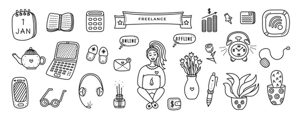 Freelance doodle set, black and white vector items of working online