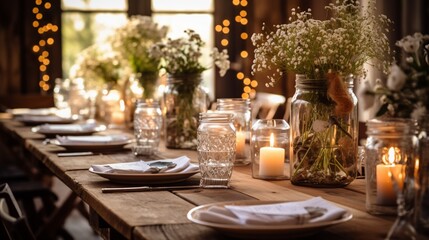 A charming, rustic party table setup with mason jar decor. - obrazy, fototapety, plakaty