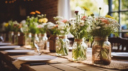 A charming, rustic party table setup with mason jar decor.