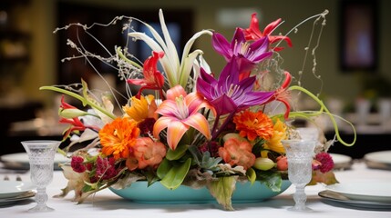 A creative, eye-catching centerpiece on a dining table for a special event.