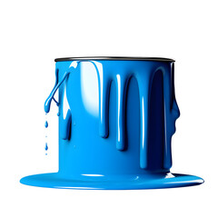 Paint can dripping blue paint on white background, generated