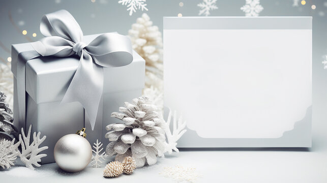 New Year blank white and silver flyer with place for text. Silver shiny Christmas gift box with bow and Christmas ornament, sparkles and light silver bokeh on background with copy space.