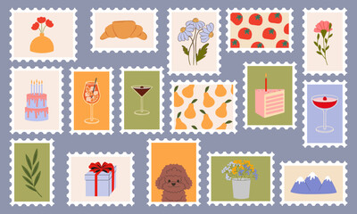 Postage stamps set vector flat illustration. Stickers, Post Mark, post stamp designs.