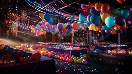 Colorful balloons and streamers decorating a lively party venue at night.