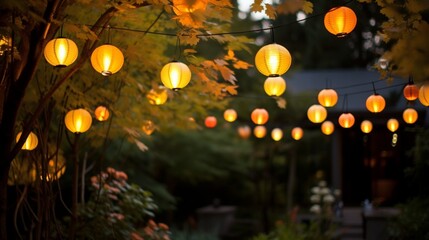 Festive, glowing lanterns hanging in an outdoor party garden.