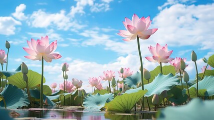 pink lotus pond, lotus flower blossoming with blue sky sunny day, summer and tropical background wallpaper,  Ai Generated