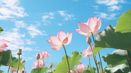 pink lotus pond, lotus flower blossoming with blue sky sunny day, summer and tropical background wallpaper,  Ai Generated