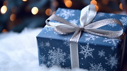 festive gift with snowflake-patterned blue wrapping paper and a silver sparkly ribbon