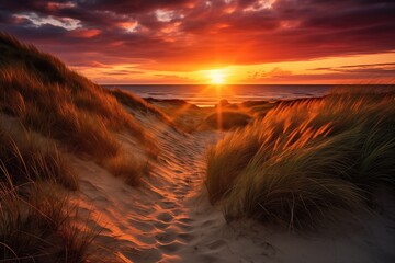 Sunset over sand dunes at Baltic sea with beach grass in the foreground
