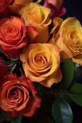 Close-up of roses in shades of yellow and red with a dark background