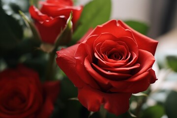 Fototapeta premium Vivid red rose with detailed petals and soft focus background