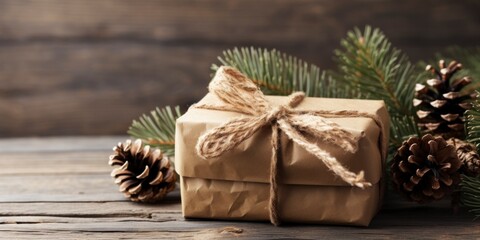 rustic Christmas gift wrapped in recycled paper with a burlap ribbon and a pinecone decoration