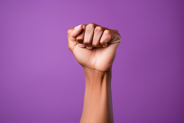 Woman's Fist on purple backgroundA symbol of the feminist movement, struggle and resistance. Clenched fist purple. International Day for the Elimination of Violence against Women.