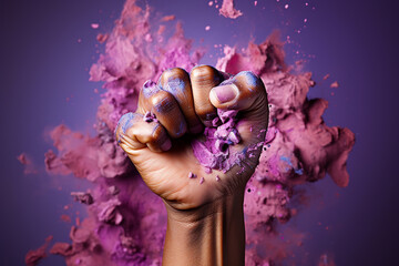 Woman's Fist on purple backgroundA symbol of the feminist movement, struggle and resistance. Clenched fist purple. International Day for the Elimination of Violence against Women. - obrazy, fototapety, plakaty