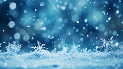 Fototapeta na wymiar Christmas background with snowflakes on blue bokeh background.