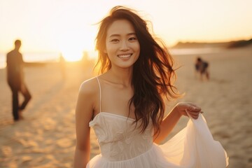 Fototapeta na wymiar Sunset Serenity: Joyful Laughter of the Asian Bride in the Magic of Love